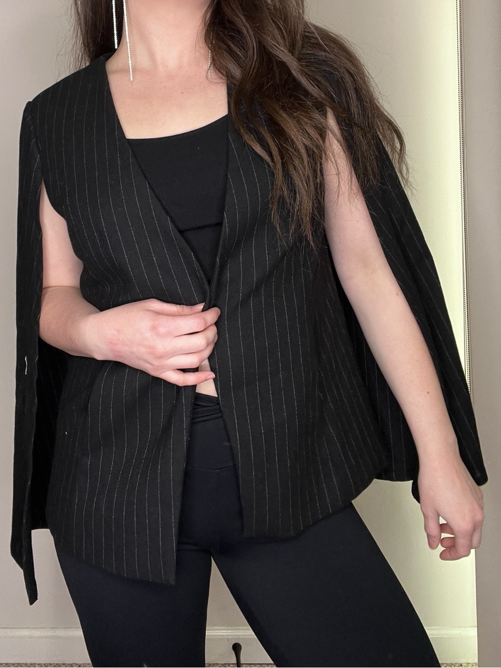 Sabie Pinstripe Black Cape Blazer Sleek Structured Jacket Size Medium NEW Wool